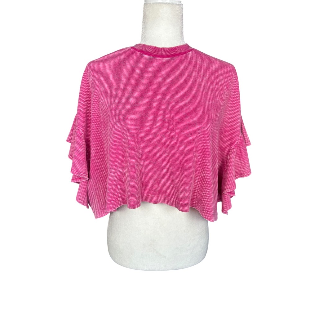 Altar'd State Women Pink Waffle Knit Ruffle Sleeve Crop Top S Barbiecore Boho - Picture 5 of 10